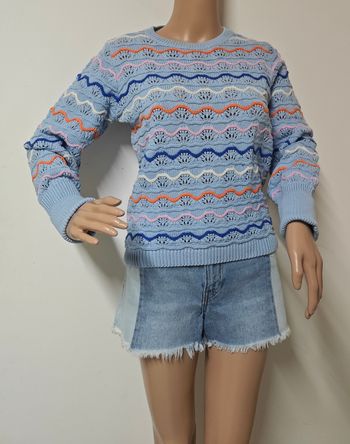 Pull Vila Joy bleu ciel maille ajourée multicolore taille S