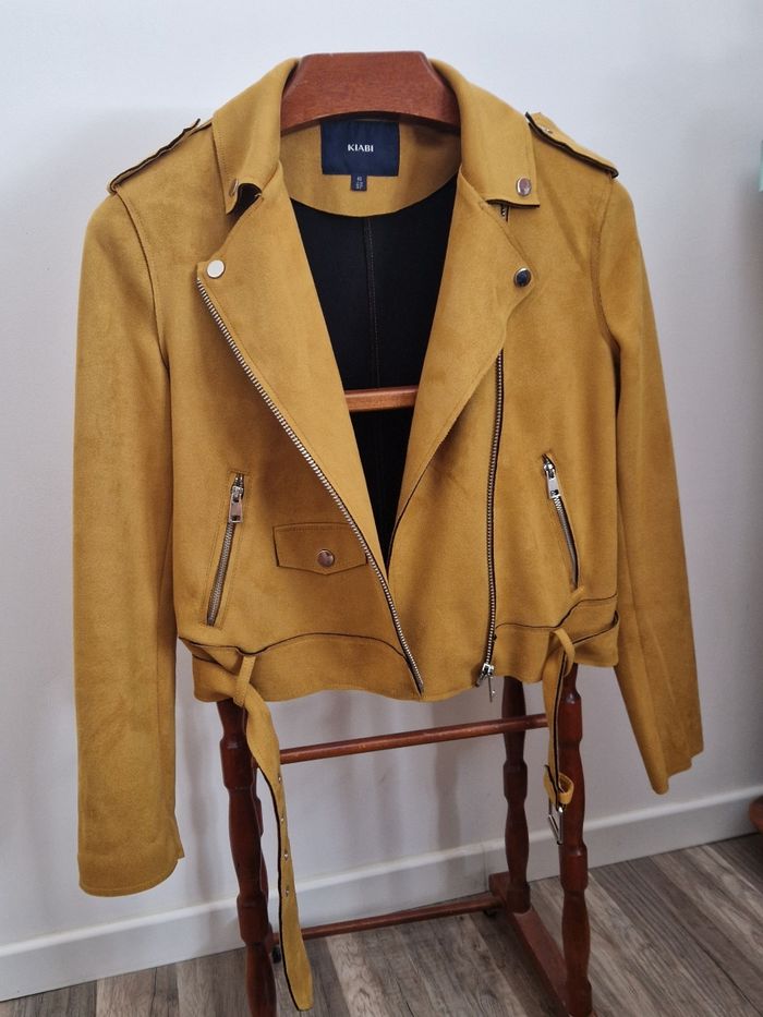 Veste Suédine Style Perfecto Moutarde, Taille 40 - photo numéro 3
