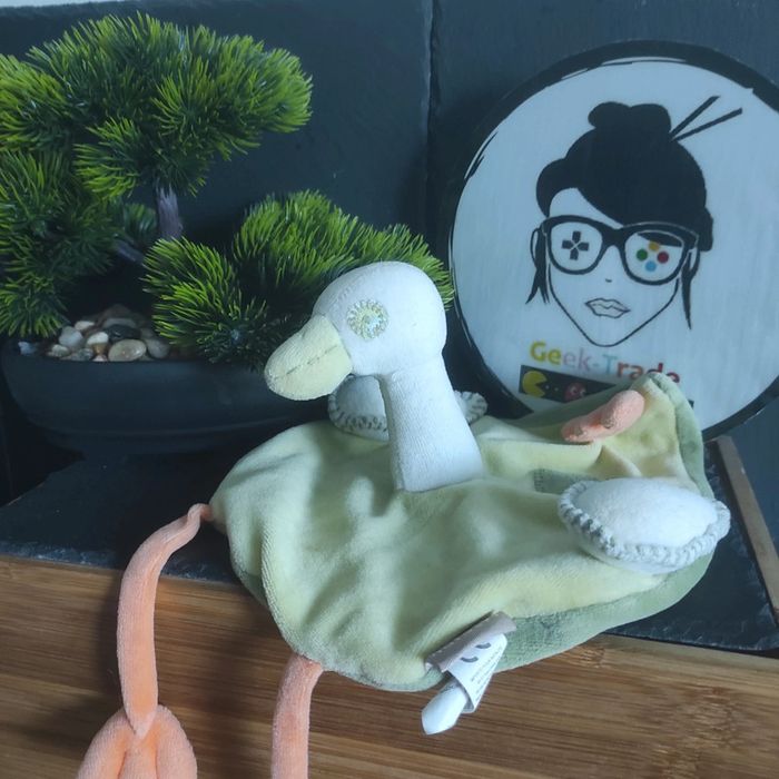 Doudou plat Canard vert orange Natalys pattes ailes orange Oie Oiseau Rond