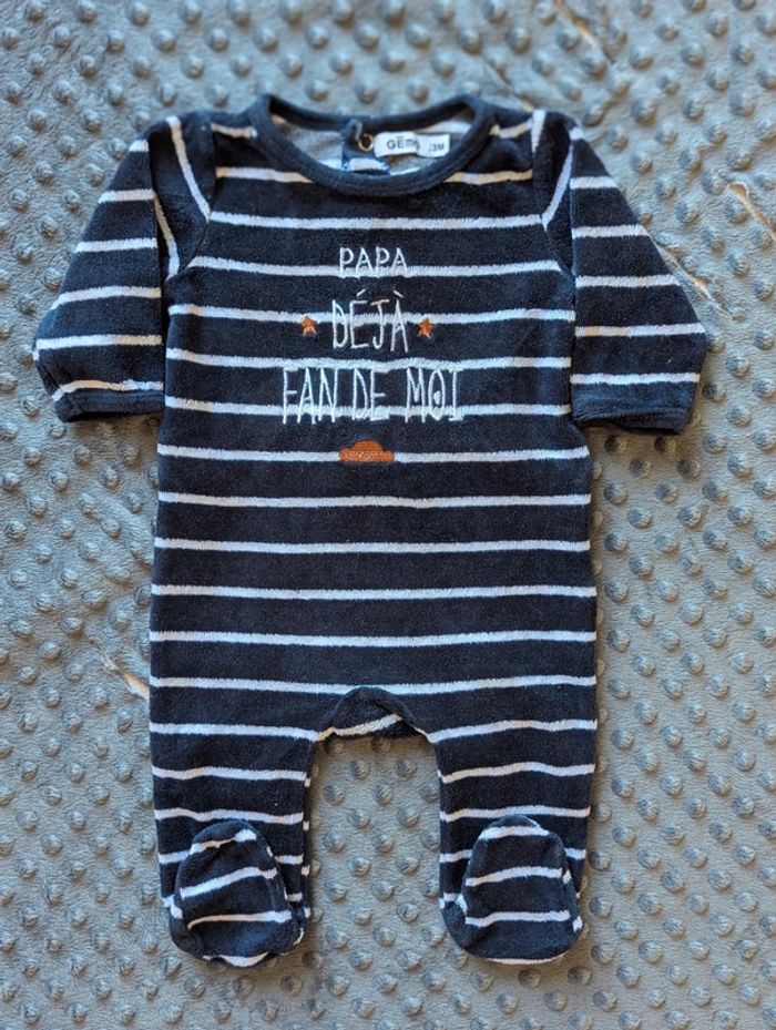Pyjama bébé 3 mois  “Papa déjà fan de moi”  Velours rayé - photo numéro 5