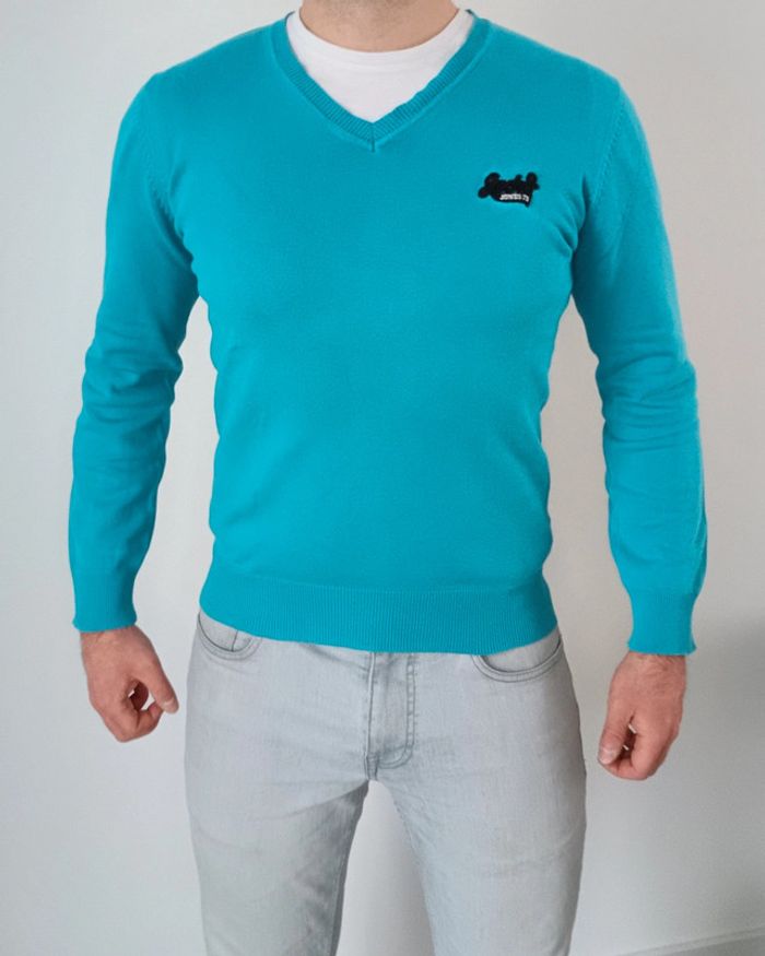 Pull à col V léger bleu turquoise Jack and Jones homme taille M logo brodé