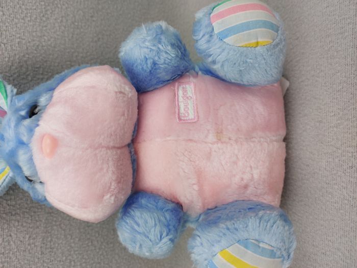 Peluche ancien doudou lapin BOULGOM bleu rose tissu rayé 26 cm vintage - photo numéro 3