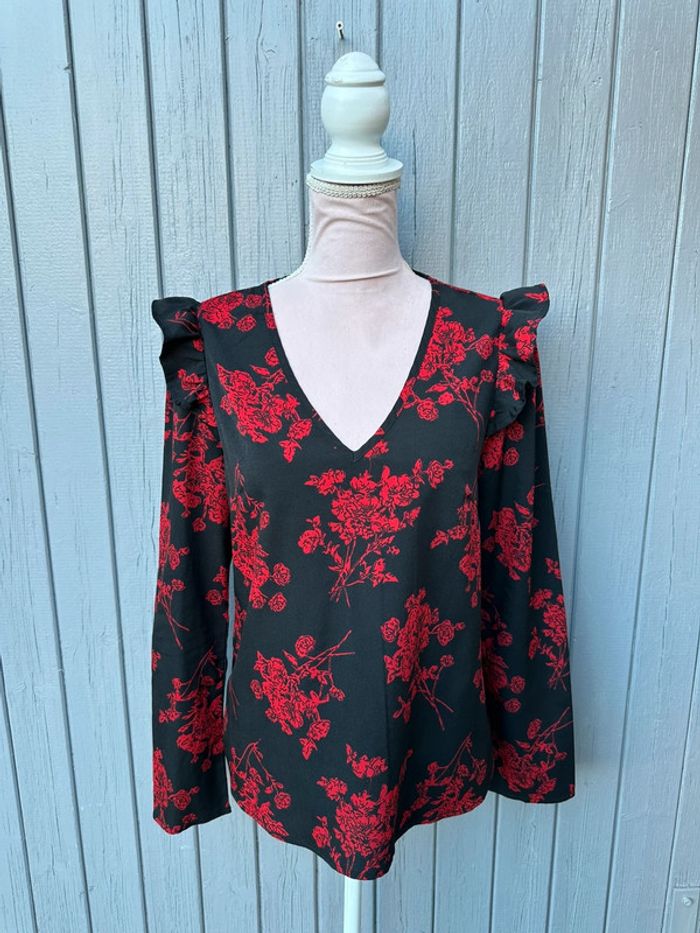 Blouse manches longues été noir rouge fleurie motifs japonais