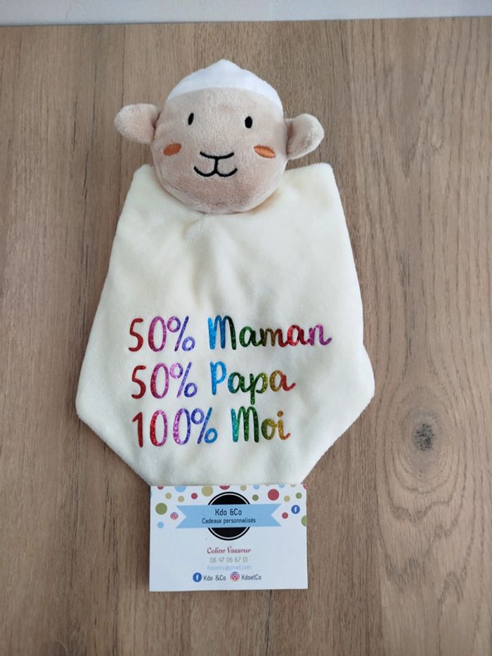 Doudou mouton mixte texte humoristique 50% papa 50% maman 100% moi