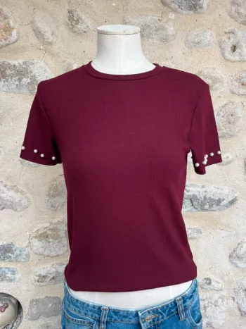 Bershka - T-shirt côtelé bordeaux rouge moulant perles manches