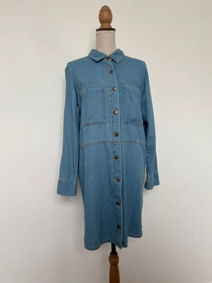 Robe jean manches fluide léger tunique bleu poches Kleid dress Vestido Vestito jurk falda