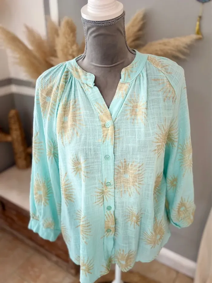 Blouse tout en coton bleu vert avec motifs dorés - photo numéro 5