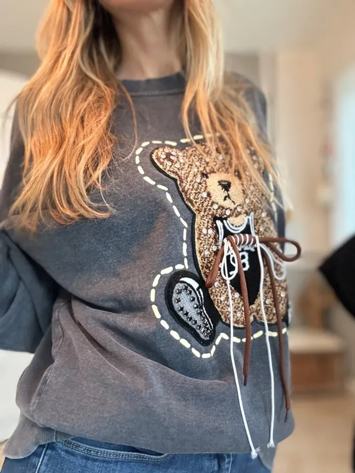 Sweat gris foncé noir ourson et strass Taille unique - photo numéro 11
