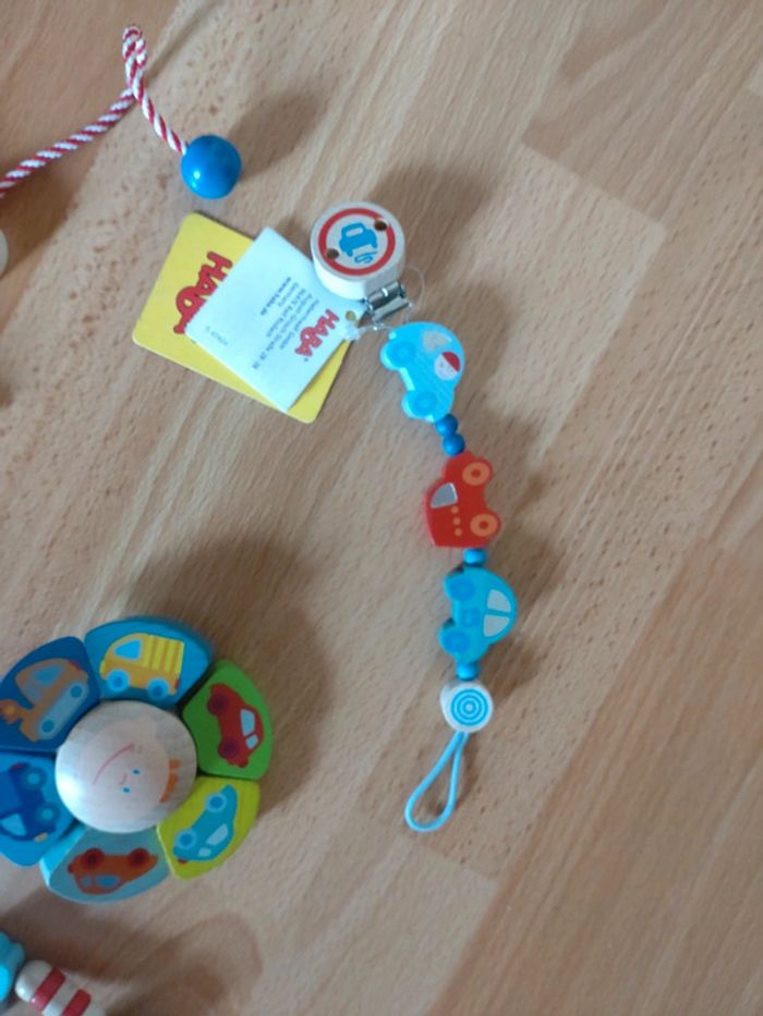 Haba bois ensemble neuf chaîne éveil 2 hochets attaché tetine - photo numéro 2