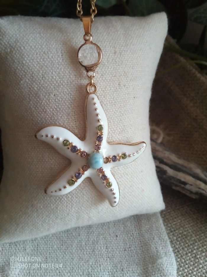 Collier bohème étoile de mer et pierre de larimar et cristal de roche - photo numéro 4