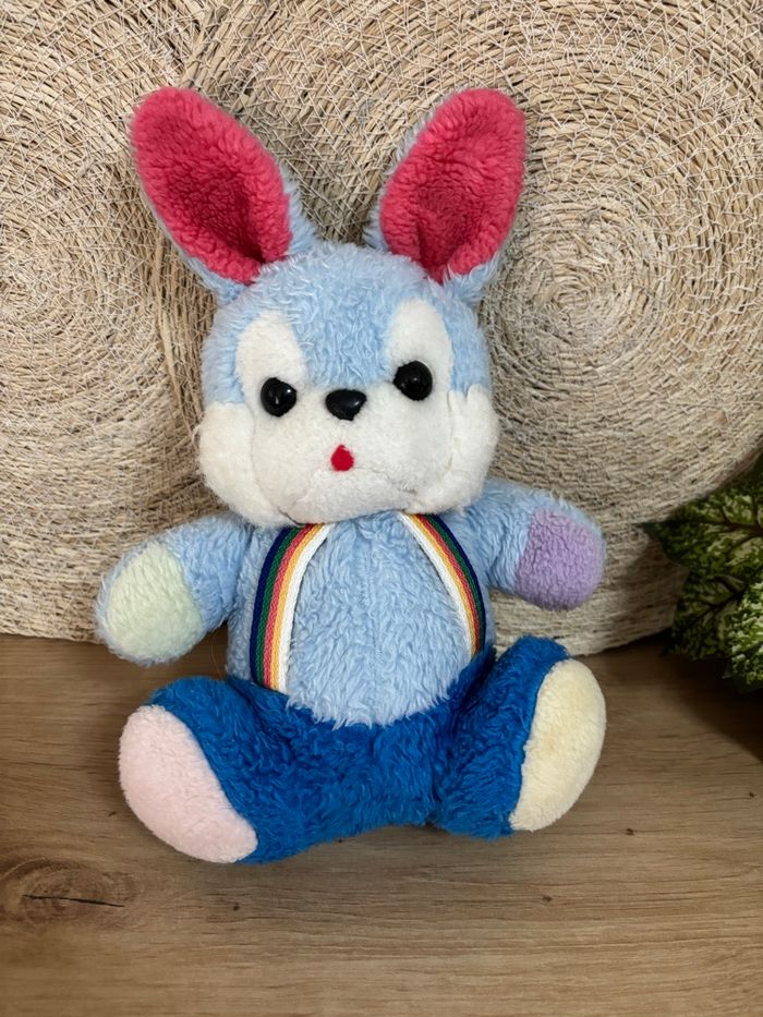Vintage peluche lapin bleu rose bretelles nounours - photo numéro 5