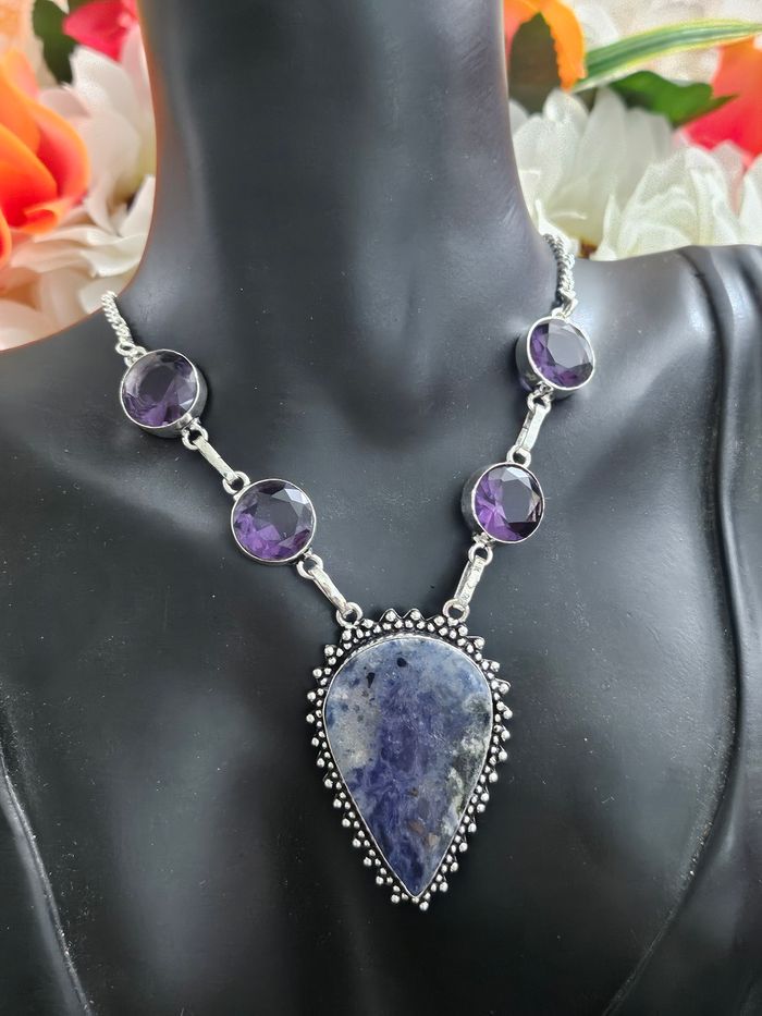 Collier en argent sterling 925 avec pierre sodalite et améthyste - photo numéro 3