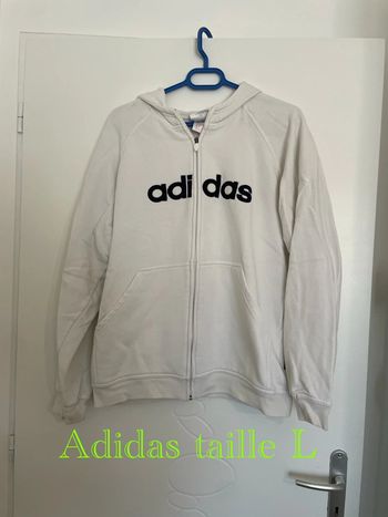 Sweat gilet zip à capuche blanc écriture noir Adidas taille L