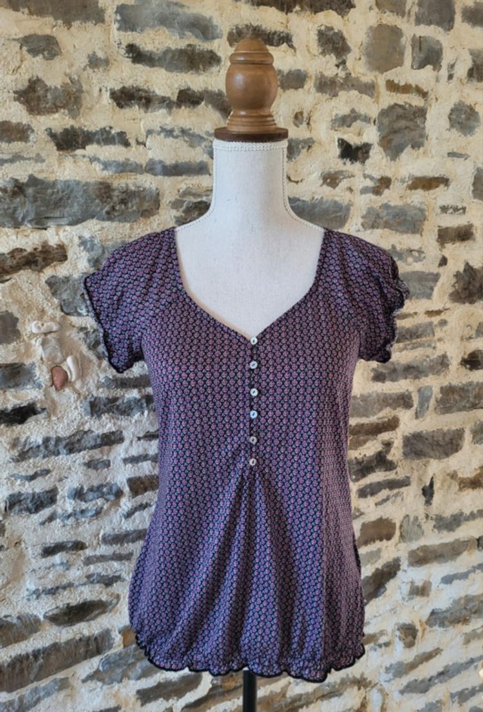 Blouse manches courtes noire rose et blanche à motifs Camaïeu Taille 1 ou 34
