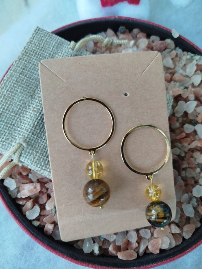 Boucles d'oreilles en Œil de Tigre et de Citrine - photo numéro 5