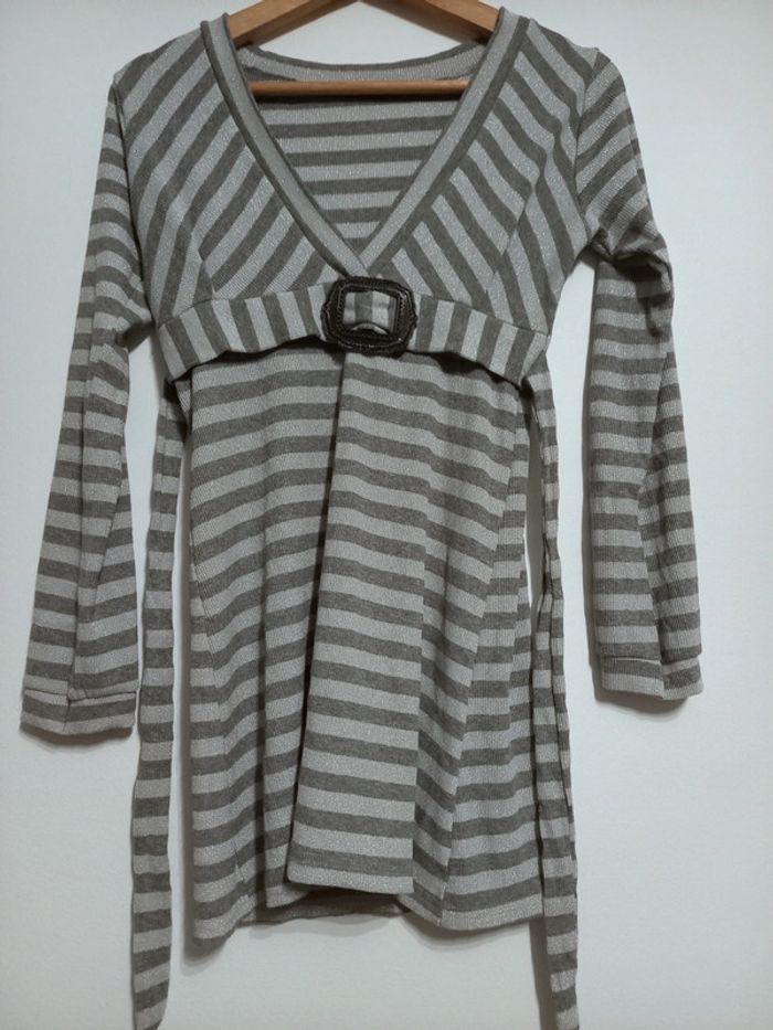 Tunique brillant argenté & grise à rayures taille 36 made in France