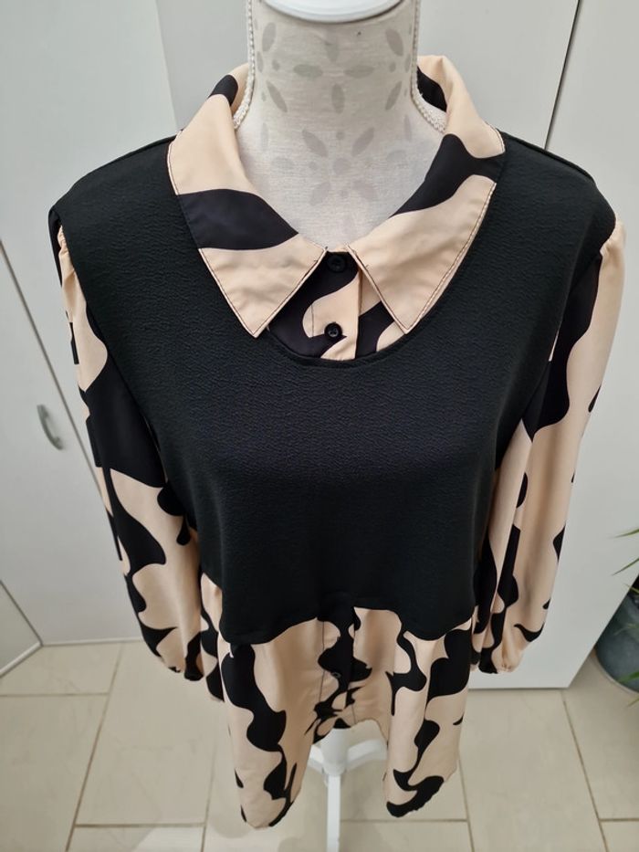Blouse Effet 2 En 1 Noire Beige - photo numéro 3