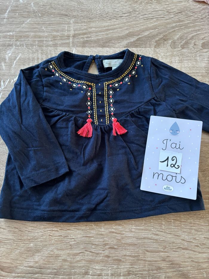 Tee shirt bleu pompons MES Petits Cailloux t.12m