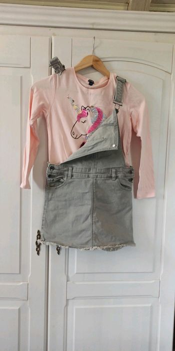 Ensemble salopette jupe en Jeans et t-shirt Licorne