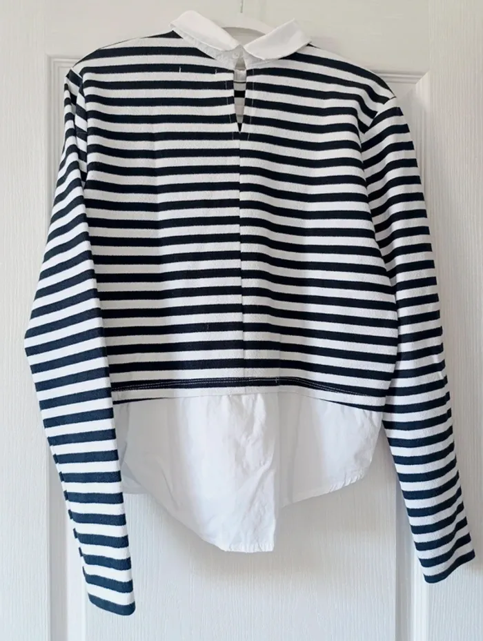 Pull marinière blanc et noir avec fausse chemise One by Gémo Taille S - photo numéro 4