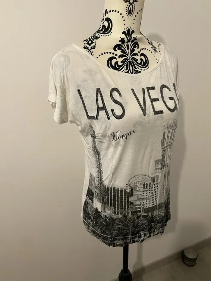 T-shirt à manches courtes blanc motif noir las Vegas Hollywood Morgan taille XS - photo numéro 2