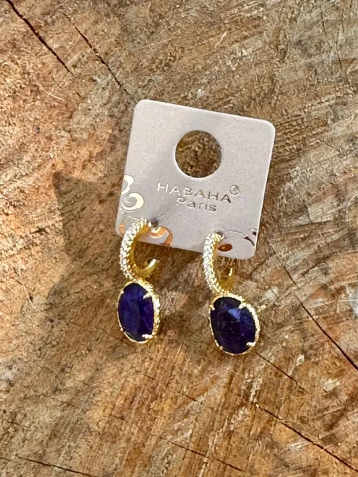 Boucles d’oreilles habaha paris petites créoles zircons et pierre lapis-lazuli habaha Paris