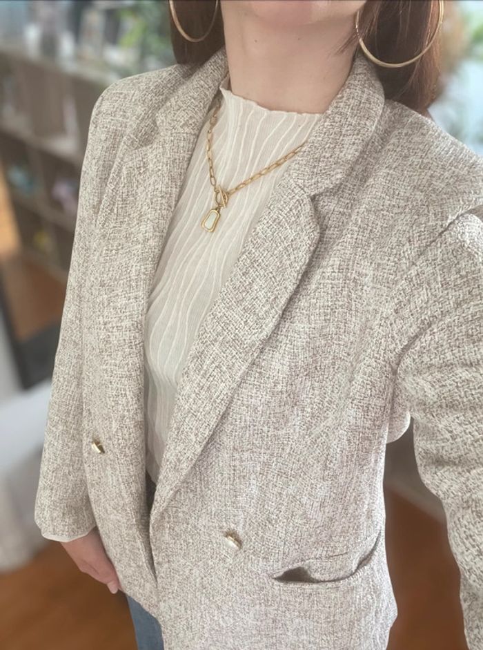 Veste blazer couleur marron crème chiné boutons blanc et doré chic H&M - photo numéro 4