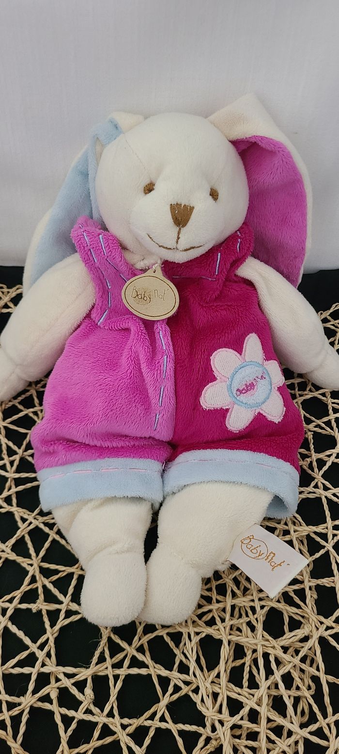 Doudou lapin blanc salopette rose bleu fleur BABY NAT - photo numéro 4