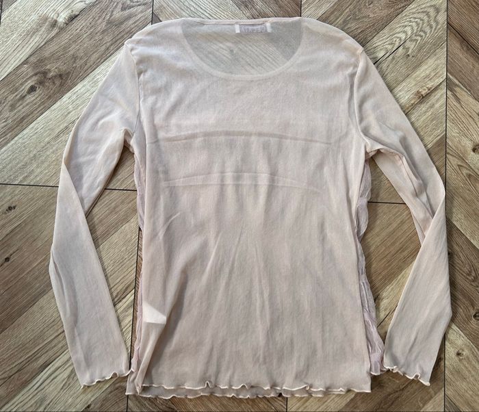 Top / Sous-Pull Transparent Celaia - Dentelle et Tulle Froncé - Rose Poudré - photo numéro 7