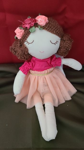 DOUDOU PELUCHE POUPÉE ROSE BRUNE COURONNE DE FLEUR AILES SERGENT MAJOR