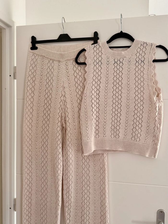 Ensemble maille tricot beige broderie pantalon top sans manches beige crème été coton M L - photo numéro 5