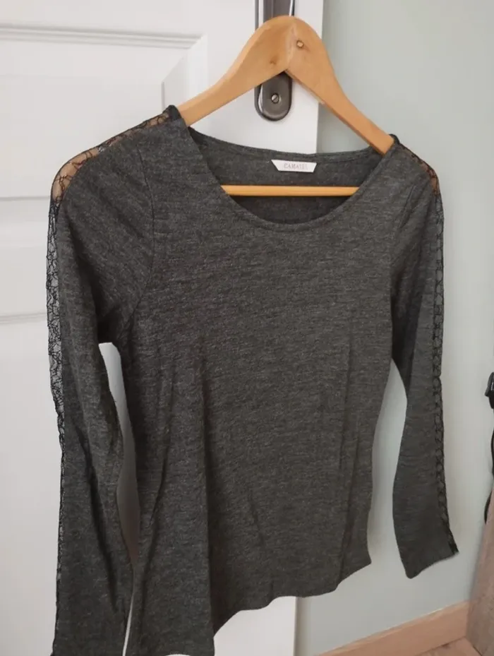 Tee shirt gris chiné manches longues camaïeu 36 - photo numéro 2