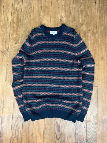 Pull style vintage 100% laine vierge rayures motifs multicolore M