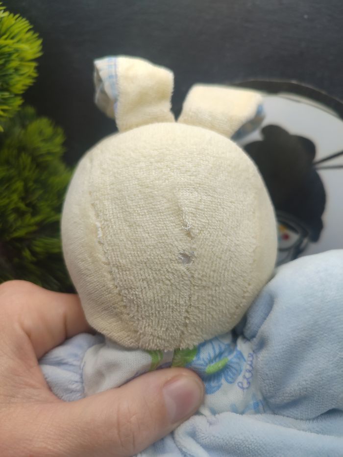 peluche doudou lapin ancien nounours bleu beige bleue de toi poche carreaux 300 - photo numéro 3