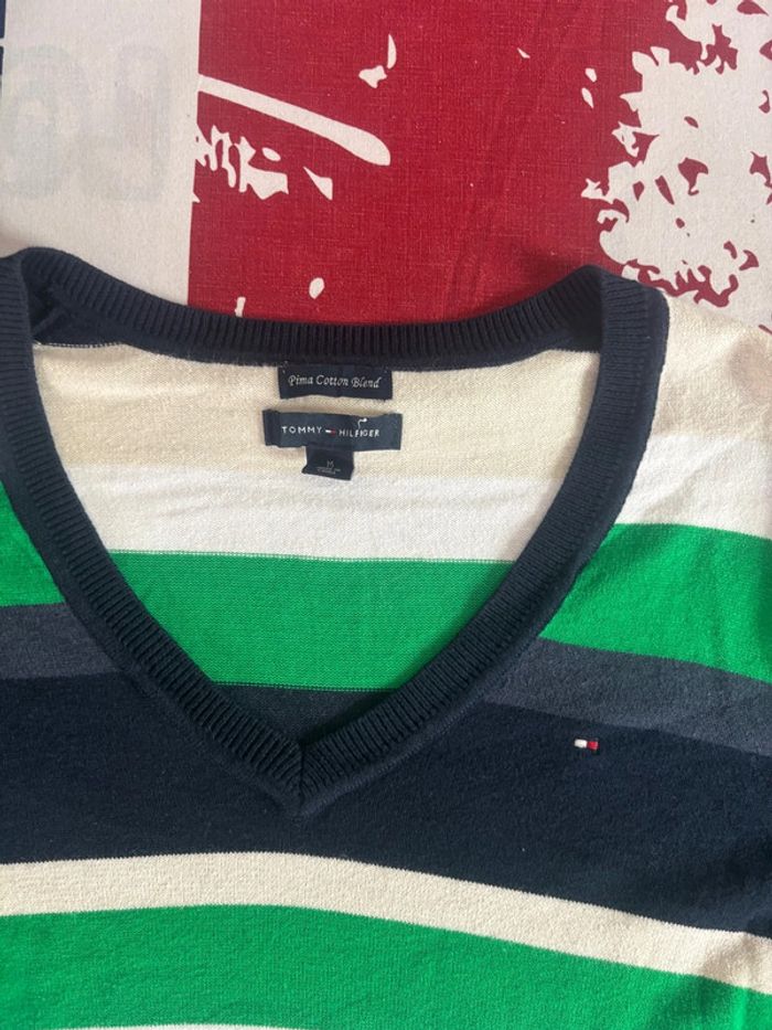 Sweat col V Tommy Hilfiger taille S/M blanc bleu marine vert - photo numéro 3