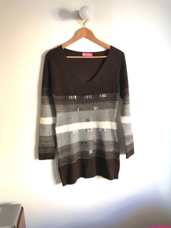 Pull long décolleté V marron et à rayures brillantes Garden taille 2