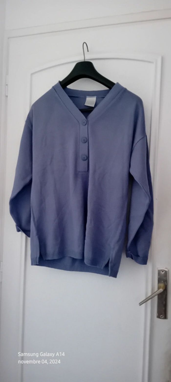 Pull col en V faux boutonnage manches 3/4 lavande 42 classic woman - photo numéro 4