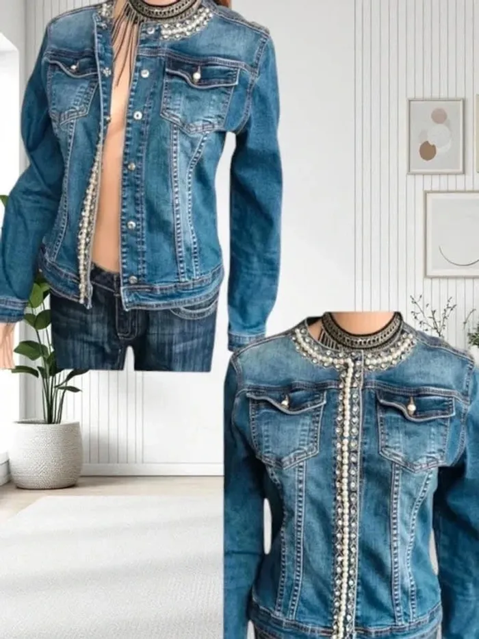 Veste jean ,Sarah John , coupe droite ,col rond , perles et strass ,texture stretch - photo numéro 3