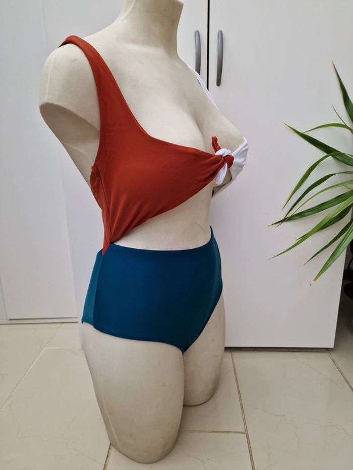 Maillot De Bain Sexy Effet 2 Pieces Blanc Bleu Petrol Marron - photo numéro 8