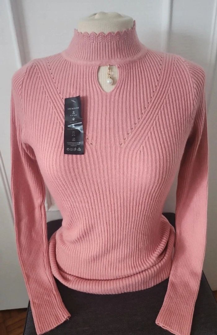 Pull col cheminé coton rose - photo numéro 2