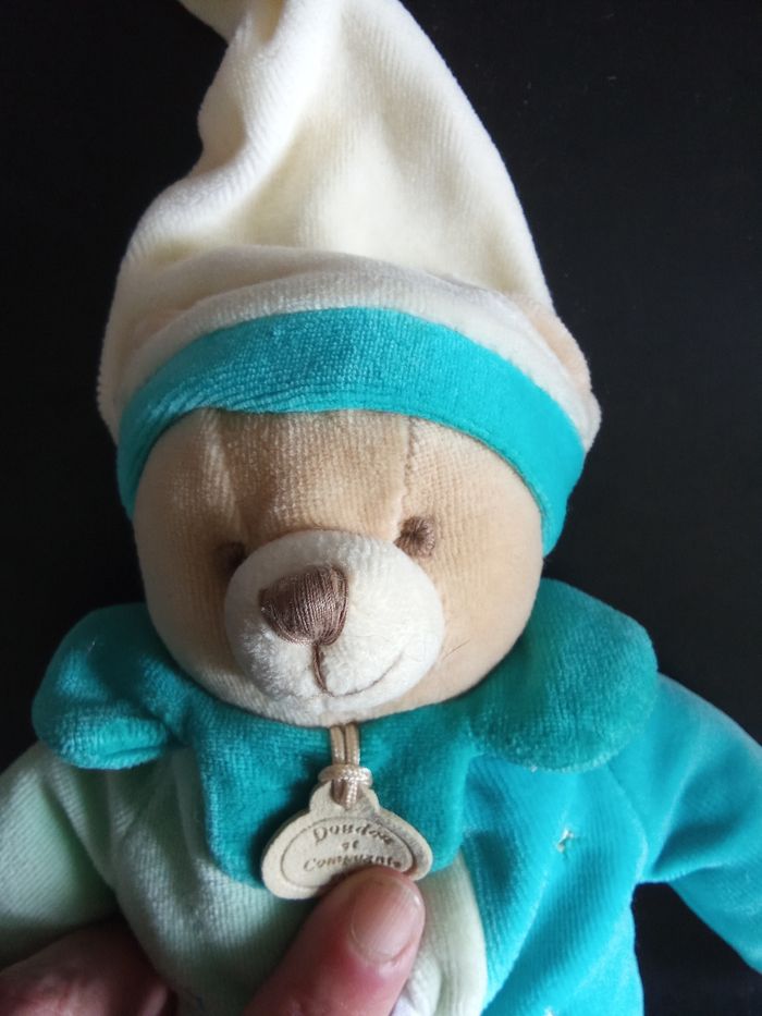 Doudou ours, bébé garçon bleu , blanc, vert pâle mouchoir, marque doudou et compagnie - photo numéro 5