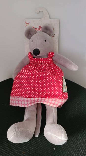 Peluche Nini la souris MOULIN ROTY La Grande Famille robe rouge pois blanc