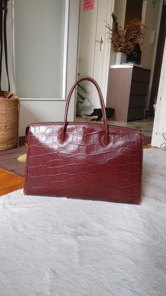 Sac à main en cuir véritable vintage motif exotique crocodile marron tirant sur le rouge - photo numéro 2