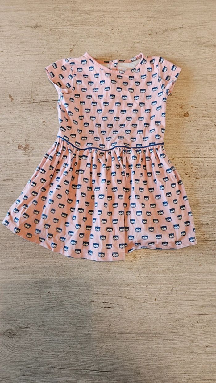 Robe courte à manches courtes rose avec hibou bleu, JBC, 92