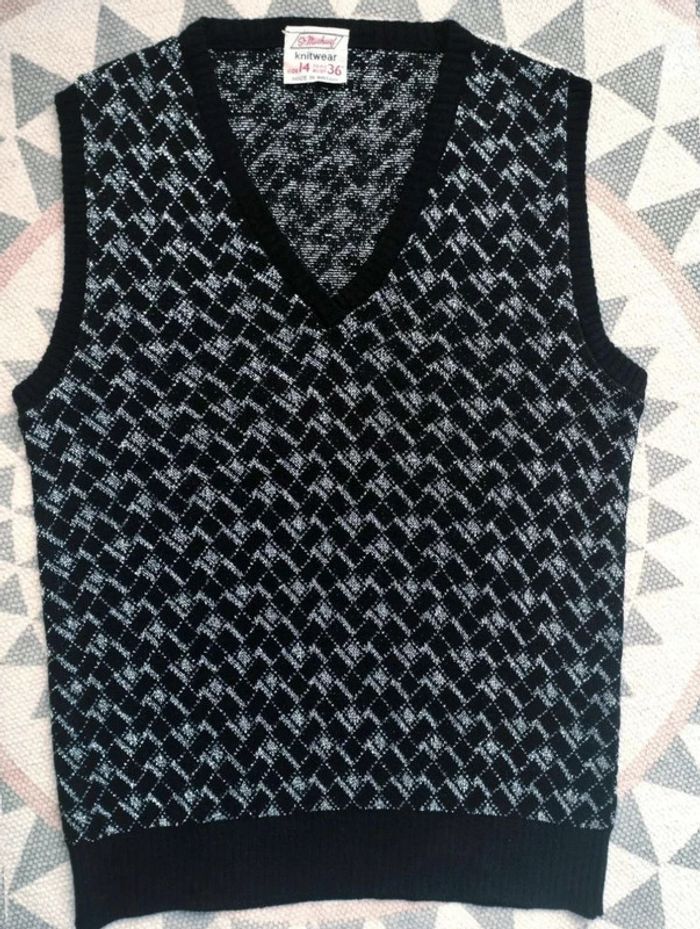 Pull  fin sans  manches - Noir  argenté motifs  -Vintage 90's  -  T32  actuel  - Parfait État - photo numéro 3