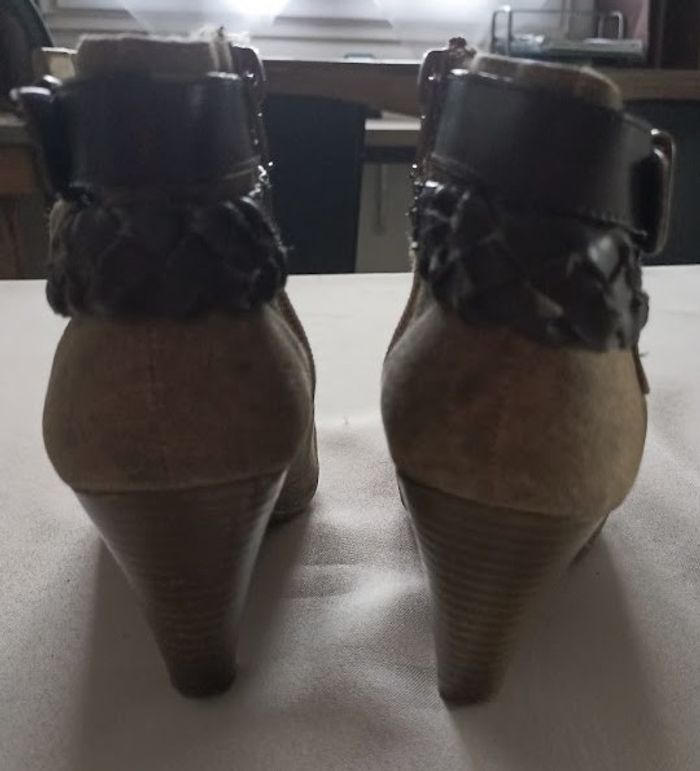 Bottines Tissu Beige & Tressage Cuir Marron - Talon Stable - T.36 - photo numéro 4