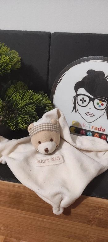 Doudou plat ours blanc vichy beige baby nat bonnet nuit ancien vintage carré carreaux