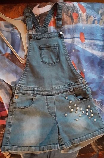 Salopette short jean bleu fantaisie 10 ans