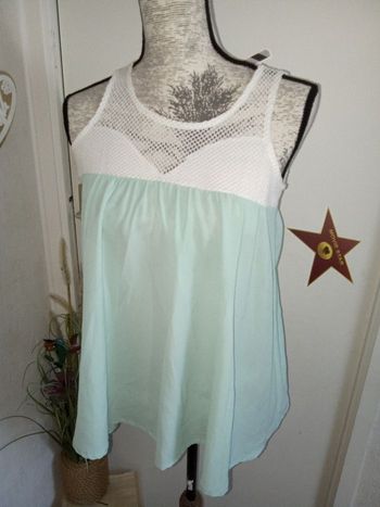 Blouse, Tunique debardeur femme été, mi saison, vert eau, blanc taille 38 ou M