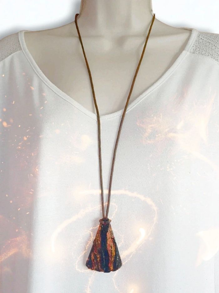 Collier sautoir pendentif pierre volcanique 🇫🇷 Fabrication Artisanale - 80cm